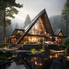 Fototapeta premium Futuristic mountain retreat bathed in morning mist 