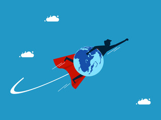 Save the world. Businessman hero holds the world and flies in the sky. Vector