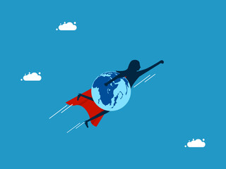 Naklejka na ściany i meble Save the world economy. Businesswoman hero holding the globe flying in the sky. Vector