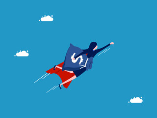 Help with the financial crisis. Businesswoman hero holding a bag of money soars in the sky. Vector