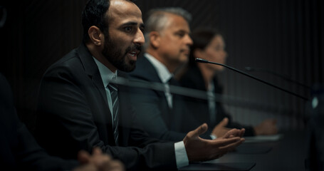 Multiethnic Male Head Of Political Delegation Speaking At International Economic Forum Press...