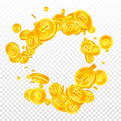 Thai baht coins falling. Gold scattered THB