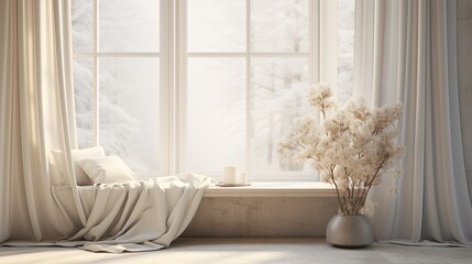 White vase with dry flowers on the windowsill in winter - obrazy, fototapety, plakaty