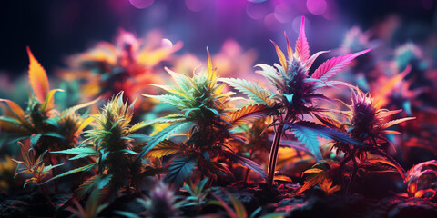 leaves of flowering cannabis marijuana bushes with buds on bright hallucinogenic neon psychedelic background - obrazy, fototapety, plakaty