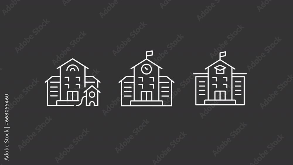 Poster set of 2d white icon simple animations representing building, hd video with transparent background, 
