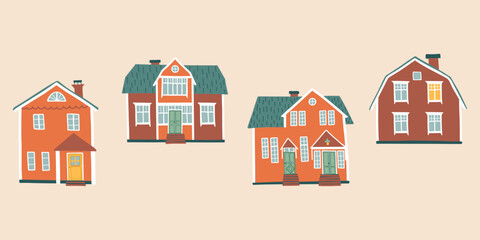 Set of hand drawn Scandinavian houses. Countryside Swedish cottages. Retro buildings. Flat style vector illustration.
