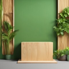 Wood podium presentation mock up for product presentation on green wall, Generative AI