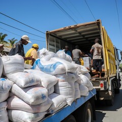 Trucks loaded with humanitarian aid - obrazy, fototapety, plakaty
