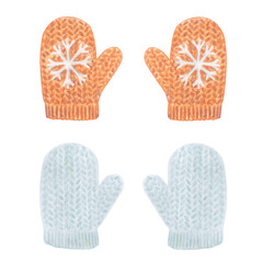 A pair of gray and orange warm woolen winter mittens with a snowflake for Christmas design or postcards. Knitted handmade gloves on a transparent background. Hand-drawn illustration, not AI.