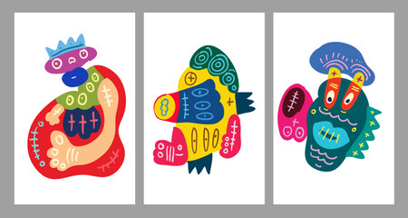 Vector abstract cartoon doodle skull, bone, insect, and head colorful illustration. Liquid and fluid abstract tribal tattoo, sticker and wallpaper background.