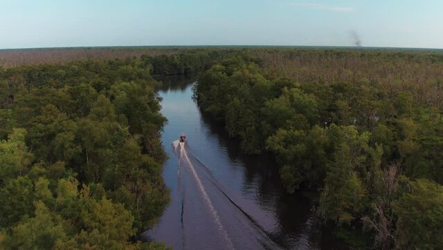 Aerial Forward Shot Of Motorboat With People On River Amidst Trees Against Sky - Bayou, Louisiana