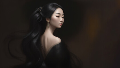 Fototapeta premium Beautiful Asian woman with long hair in black dress, Ai Generated