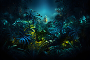 Fototapeta na wymiar Neon Light with Tropical Leaves, Creative fluorescent color layout made of tropical leaves. Flat lay neon colors. Nature concept.