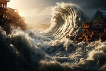 Awe-inspiring power of massive tsunami waves crashing in the ocean