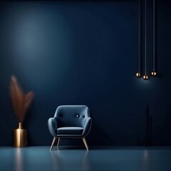 Modern minimalist interior with an armchair on empty dark blue color wall background, Generative AI