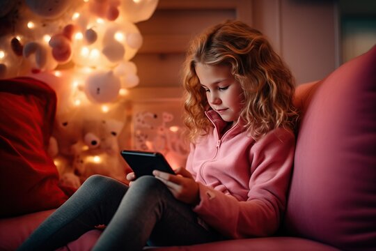 A blonde girl sits alone on the sofa, captivated by an electronic device. Concept of gadget addiction in Alpha generation 