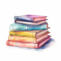 Stack of books watercolor art paint on white for card decor. Generated AI
