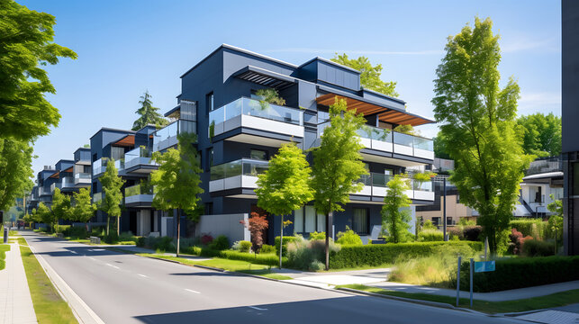 Modern apartment buildings in a green residential area in the city, eco city concept