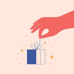 Human hand opens gift. Female arm untying ribbon bow on surprise box. Person unpacking present on birthday or some anniversary. Festive or donation concept. Vector illustration