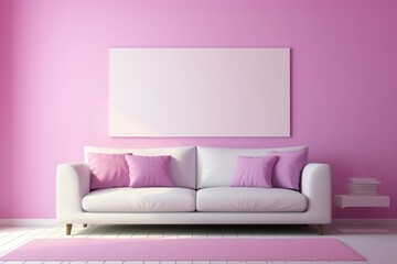 Modern minimalist interior with white sofa on a pink color wall background. Generated by artificial intelligence