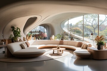 Fototapeta premium Contemporary stylish interior of a large two-story house. Large windows overlook nature. Generated by artificial intelligence