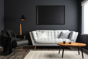 Modern white leather sofa with legs and cushions, armchair in a minimalist living room with black walls. Modern living room interior. Generated by artificial intelligence