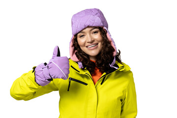 PNG of a girl in a ski suit isolated on a white background.