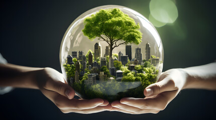 Sustainable environment concept. The image depicts human thinking towards preserving nature, reducing carbon footprint and building sustainable urban community for green future. - obrazy, fototapety, plakaty