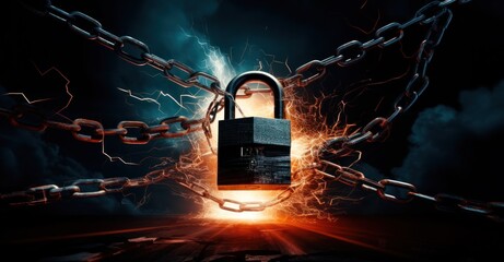 a chained digital padlock breaking apart, symbolizing a cybersecurity breach