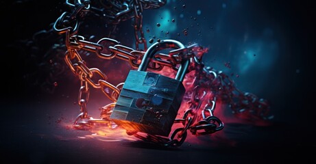 a chained digital padlock breaking apart, symbolizing a cybersecurity breach