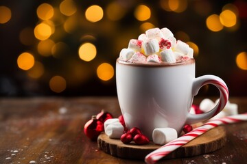 cozy mug of hot chocolate with festive garnishes in a snowy winter environment, Christmas joy, Generative AI