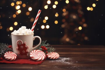 cozy mug of hot chocolate with festive garnishes in a snowy winter environment, Christmas joy, Generative AI - obrazy, fototapety, plakaty