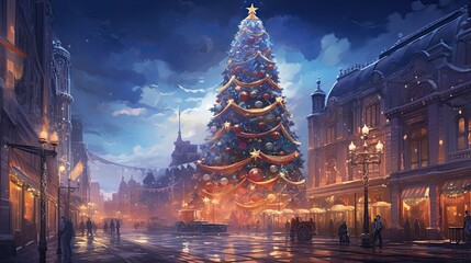 An image of a Christmas tree located in the middle of the city center.