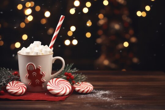 cozy mug of hot chocolate with festive garnishes in a snowy winter environment, Christmas joy, Generative AI