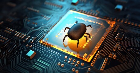 a computer chip with a bug icon, illustrating software vulnerabilities - obrazy, fototapety, plakaty