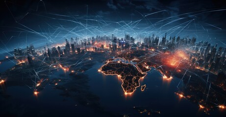 visualization of a cyberattack on a global network, showing real-time data breaches in major cities