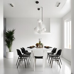 Modern dining room interior design with white wall, Generative AI