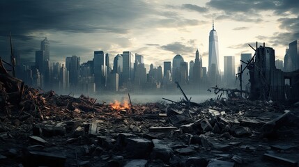 Image of the city landscape after the cataclysm. - obrazy, fototapety, plakaty