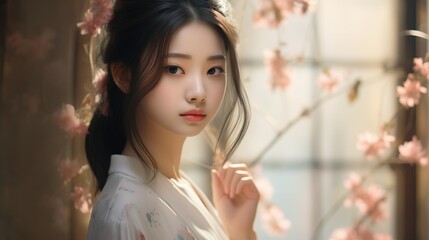 Portrait of a Japanese girl on a pastel background.