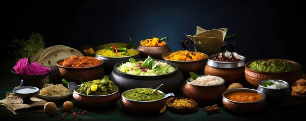 Indian Cuisine Displayed On Dark Table, Exuding Richness