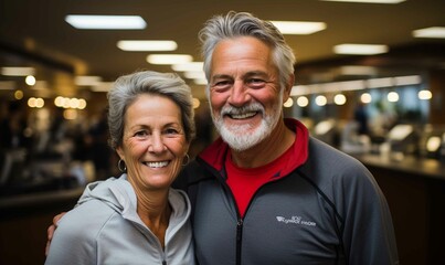 A cheerful couple, both mature, smiling, and happy indoors.