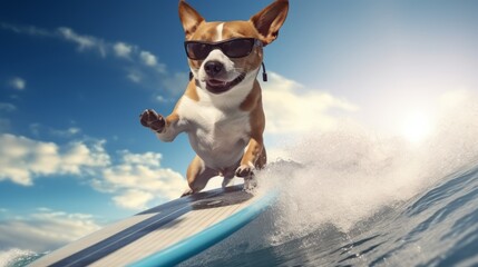 With a blue sky and white clouds, a happy dog wears sunglasses while surfing on a surfboard - obrazy, fototapety, plakaty