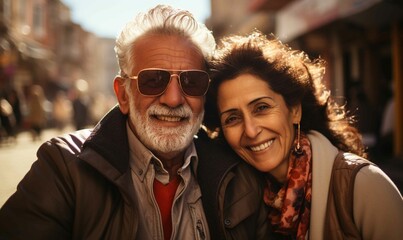 Feliz pareja disfrutando de la vida de la ciudad en un alegre entorno urbano
