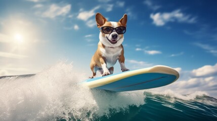 With a blue sky and white clouds, a happy dog wears sunglasses while surfing on a surfboard