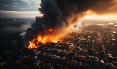 Aerial view of fire in city, natural catastrophe, climate change.