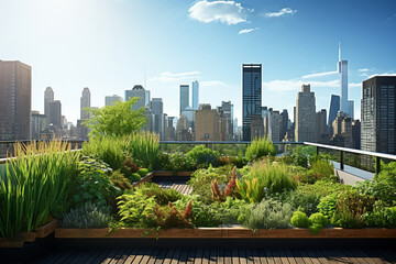 Urban green roof garden overlooking the city skyline