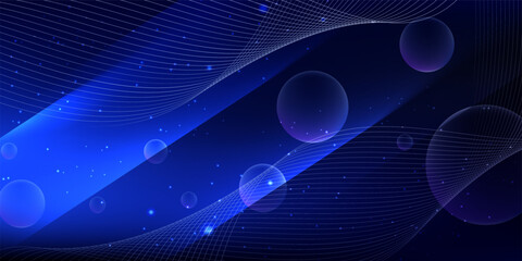 Abstract swirl line waves and sparkling starlight on dark blue background. Flow liquid lines design element.