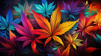 multicolored cannabis marijuana leaves on bright hallucinogenic background