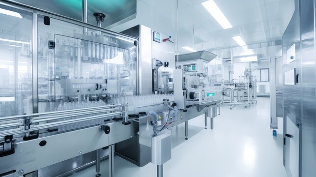 pharmaceutical industry. Production line machine conveyor with glass bottles ampoules at factory