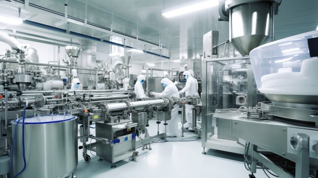 pharmaceutical industry. Production line machine conveyor with glass bottles ampoules at factory
